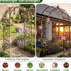 Rosenbogen Metall Wetterfest Gartenbogen für Kletterpflanzen mit 4 Bodenpfählen 117 x 57 x 231 cm Schwarz