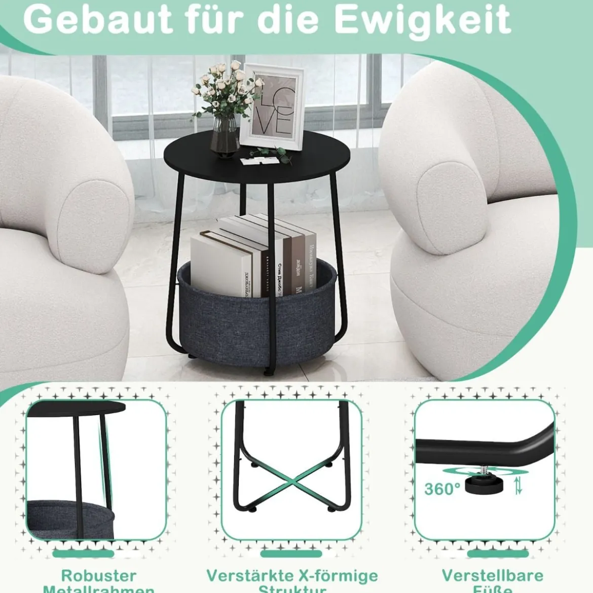 Rund Beistelltisch mit Aufbewahrungskorb Klein Sofatisch Modern Couchtisch Nachttisch Schwarz