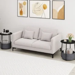 Rund Beistelltisch mit Aufbewahrungskorb Klein Sofatisch Modern Couchtisch Nachttisch Schwarz