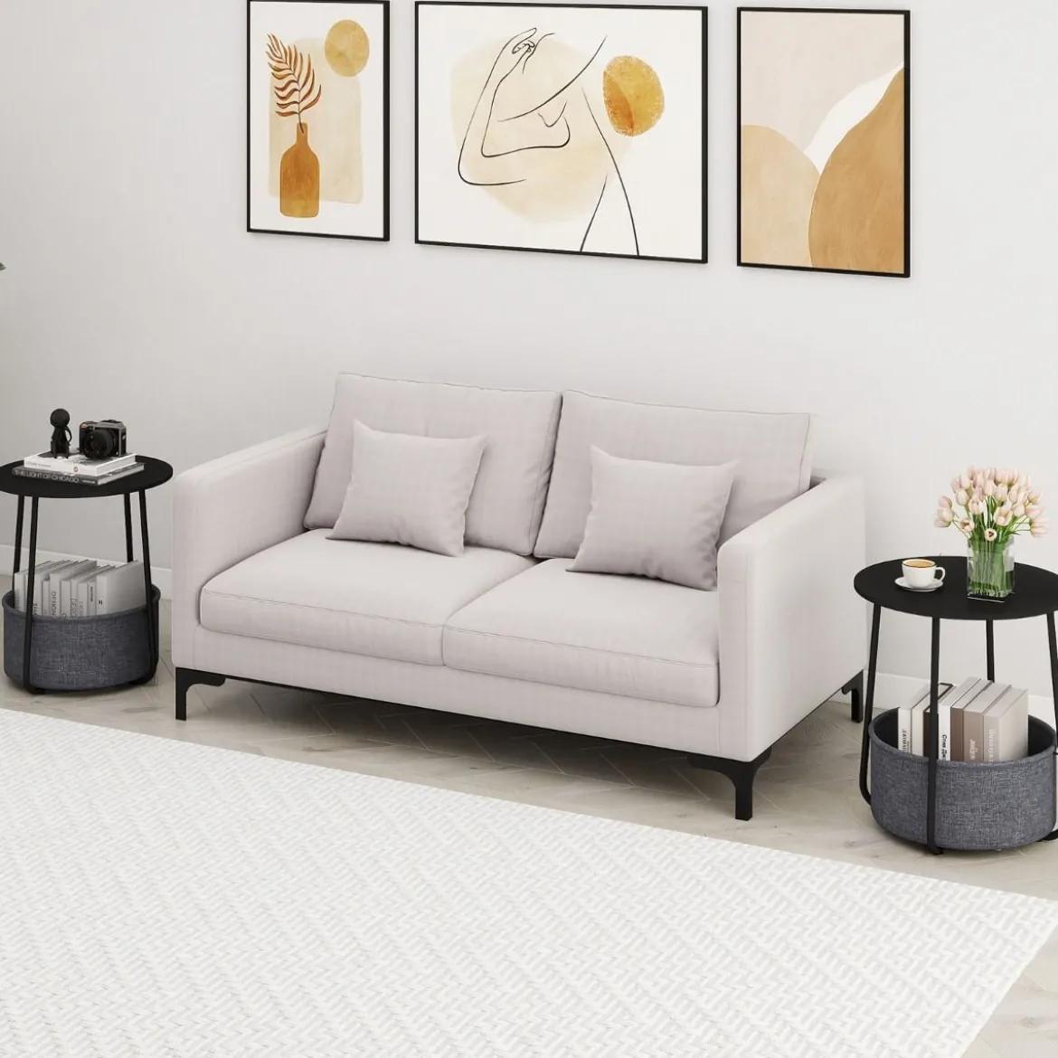Rund Beistelltisch mit Aufbewahrungskorb Klein Sofatisch Modern Couchtisch Nachttisch Schwarz