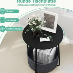 Rund Beistelltisch mit Aufbewahrungskorb Klein Sofatisch Modern Couchtisch Nachttisch Schwarz