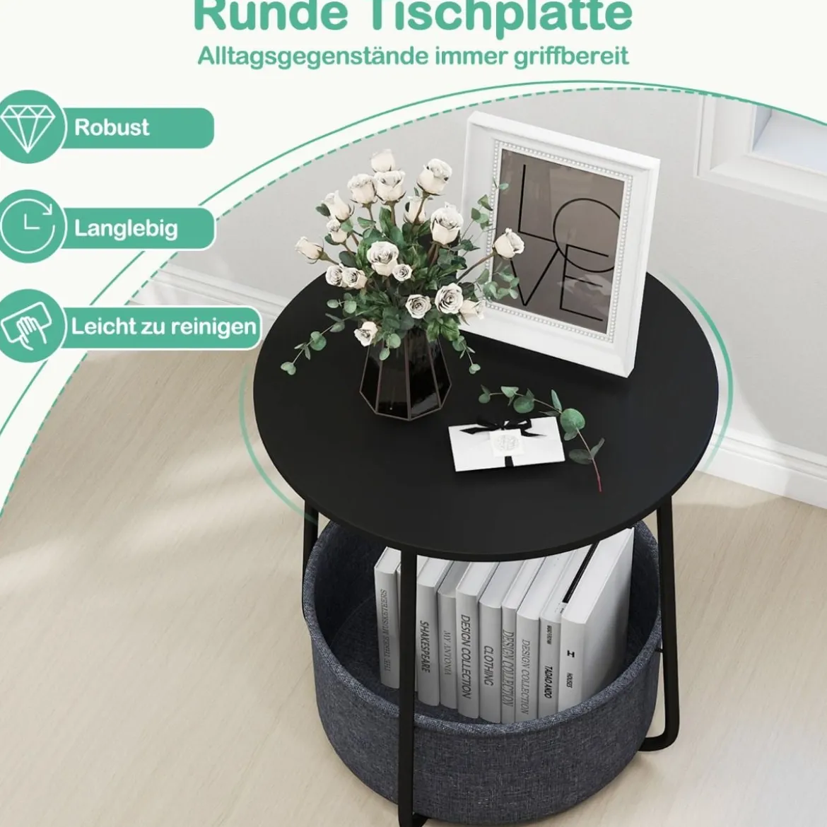 Rund Beistelltisch mit Aufbewahrungskorb Klein Sofatisch Modern Couchtisch Nachttisch Schwarz