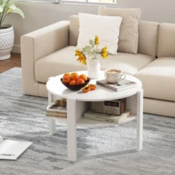 Rund Couchtisch mit Stauraum Holz Wohnzimmertisch mit 4 Regalen Kaffeetisch Weiß