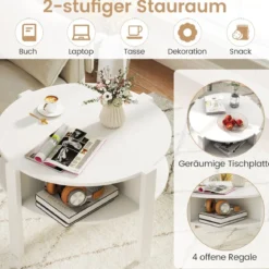 Rund Couchtisch mit Stauraum Holz Wohnzimmertisch mit 4 Regalen Kaffeetisch Weiß