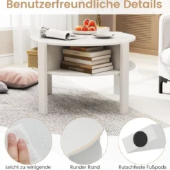 Rund Couchtisch mit Stauraum Holz Wohnzimmertisch mit 4 Regalen Kaffeetisch Weiß