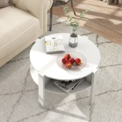 Rund Couchtisch mit Stauraum Holz Wohnzimmertisch mit 4 Regalen Kaffeetisch Weiß