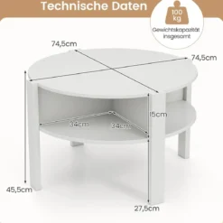Rund Couchtisch mit Stauraum Holz Wohnzimmertisch mit 4 Regalen Kaffeetisch Weiß