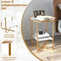 Runder Beistelltisch mit Gehärtetem Glas & Ablage aus Kunstmarmor & Goldenem Metallrahmen