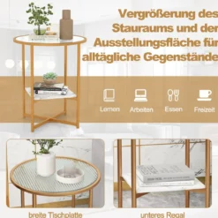 Runder Beistelltisch mit Gehärtetem Glas & Ablage aus Kunstmarmor & Goldenem Metallrahmen