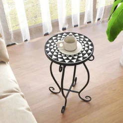 Runder Beistelltisch Mosaiktisch aus Metall & Keramik ∅30 x 50 cm für Balkon Garten