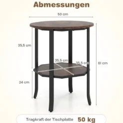 Runder Beistelltisch 2-stufiger Endtisch mit Ablagefach industrieller Akzenttisch Nachttisch mit robustem Metallrahmen Rustikal Braun