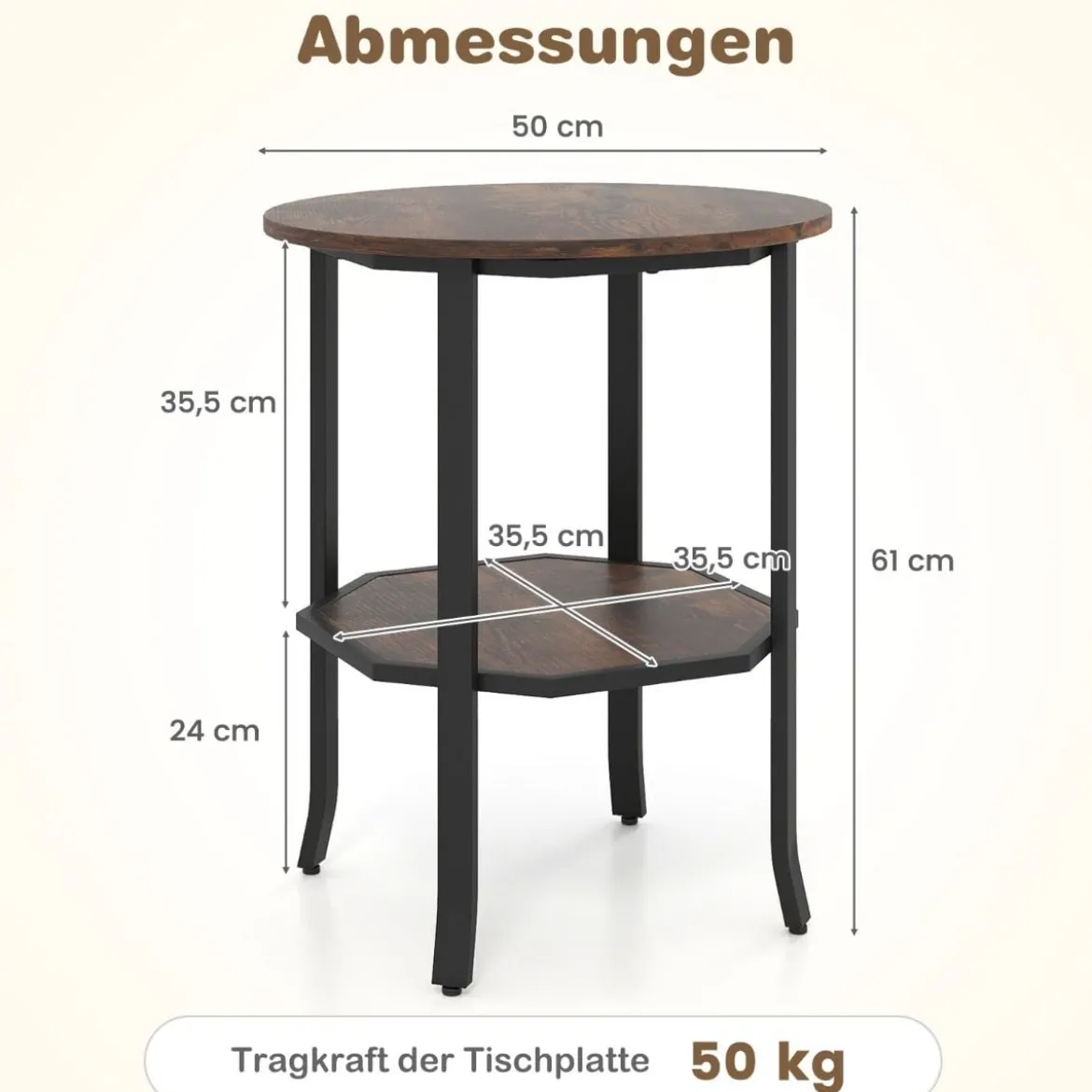 Runder Beistelltisch 2-stufiger Endtisch mit Ablagefach industrieller Akzenttisch Nachttisch mit robustem Metallrahmen Rustikal Braun