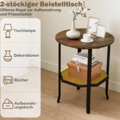 Runder Beistelltisch 2-stufiger Endtisch mit Ablagefach industrieller Akzenttisch Nachttisch mit robustem Metallrahmen Rustikal Braun