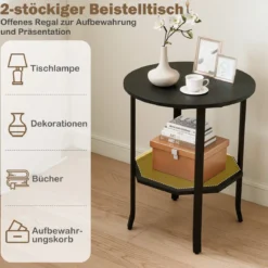 Runder Beistelltisch 2-stufiger Endtisch mit Ablagefach industrieller Akzenttisch Nachttisch Schwarz