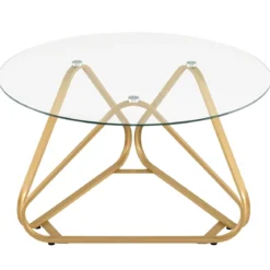 Runder Couchtisch mit Gehärtetem Glas & Metallrahmen Moderner Glastisch Beistelltisch Golden