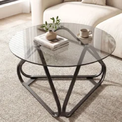 Runder Couchtisch mit Gehärtetem Glas & Metallrahmen Moderner Glastisch Beistelltisch Schwarz
