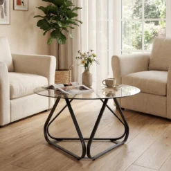 Runder Couchtisch mit Gehärtetem Glas & Metallrahmen Moderner Glastisch Beistelltisch Schwarz