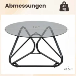 Runder Couchtisch mit Gehärtetem Glas & Metallrahmen Moderner Glastisch Beistelltisch Schwarz