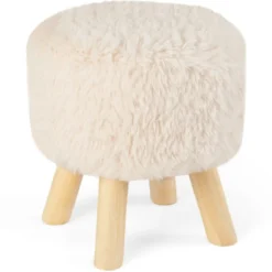 Runder Fußhocker Schminkhocker Ottomane mit Kunstpelzbezug und gepolstertem Sitz 34,5 x 35,5 cm Weiß