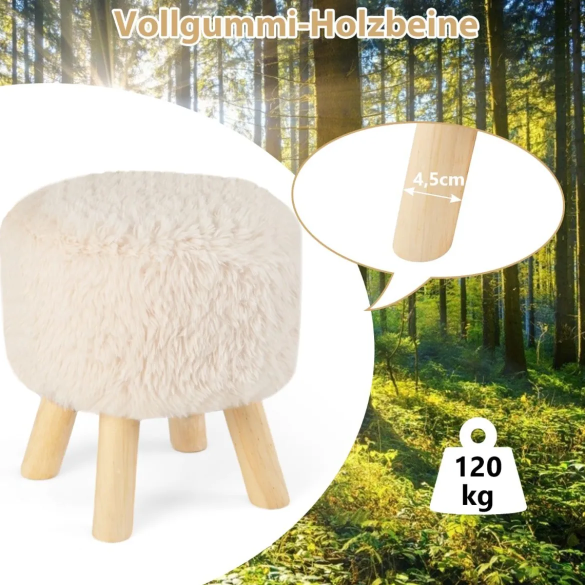 Runder Fußhocker Schminkhocker Ottomane mit Kunstpelzbezug und gepolstertem Sitz 34,5 x 35,5 cm Weiß