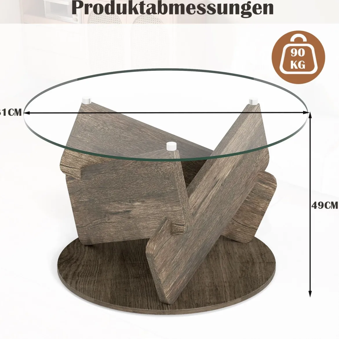Runder Glastisch mit Gehärtetem Glastop & Massivholzrahmen Moderner Couchtisch φ 81cm