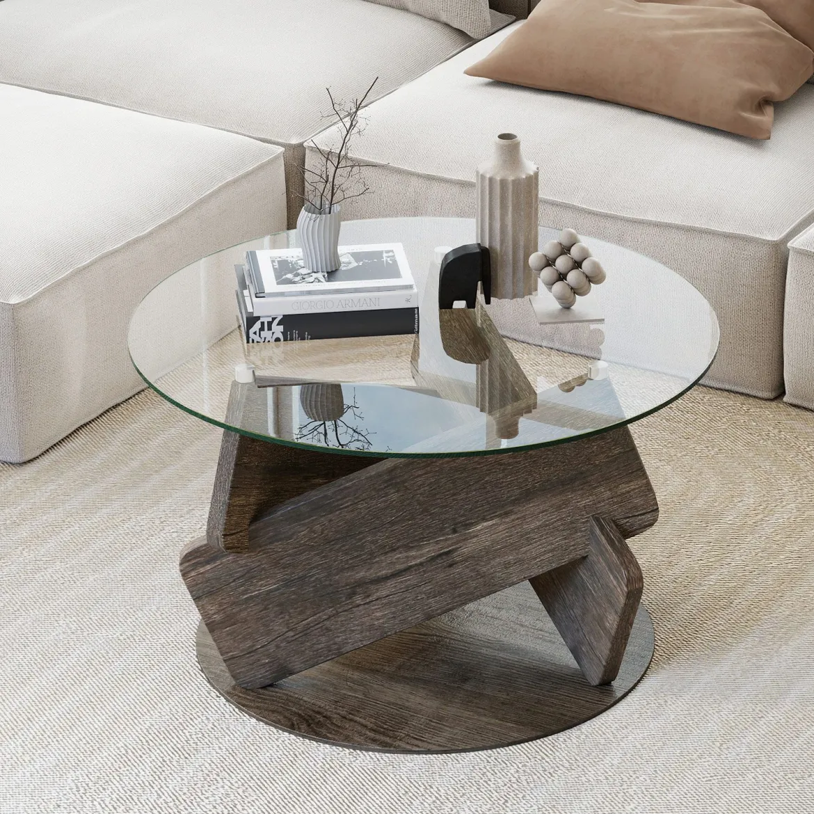 Runder Glastisch mit Gehärtetem Glastop & Massivholzrahmen Moderner Couchtisch φ 81cm