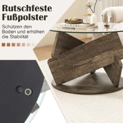 Runder Glastisch mit Gehärtetem Glastop & Massivholzrahmen Moderner Couchtisch φ 81cm