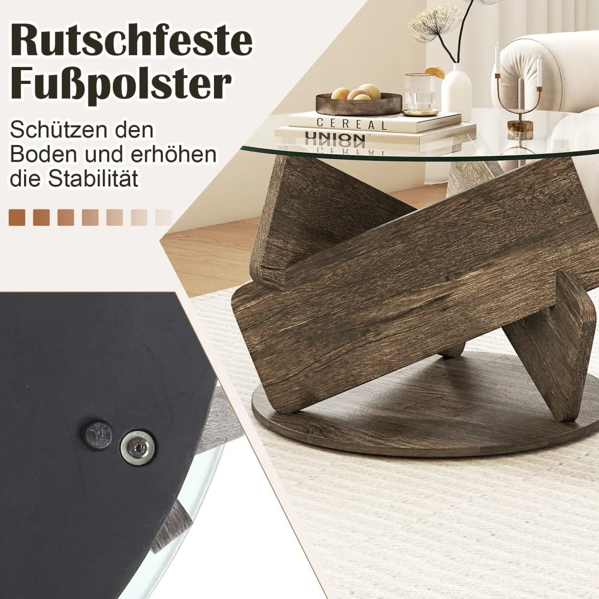 Runder Glastisch mit Gehärtetem Glastop & Massivholzrahmen Moderner Couchtisch φ 81cm