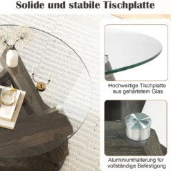 Runder Glastisch mit Gehärtetem Glastop & Massivholzrahmen Moderner Couchtisch φ 81cm