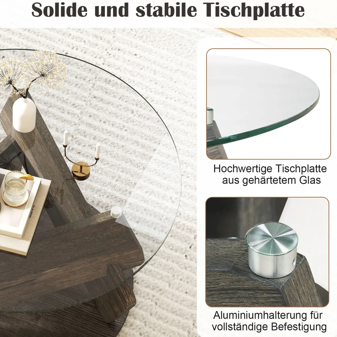 Runder Glastisch mit Gehärtetem Glastop & Massivholzrahmen Moderner Couchtisch φ 81cm