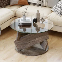 Runder Glastisch mit Gehärtetem Glastop & Massivholzrahmen Moderner Couchtisch φ 81cm