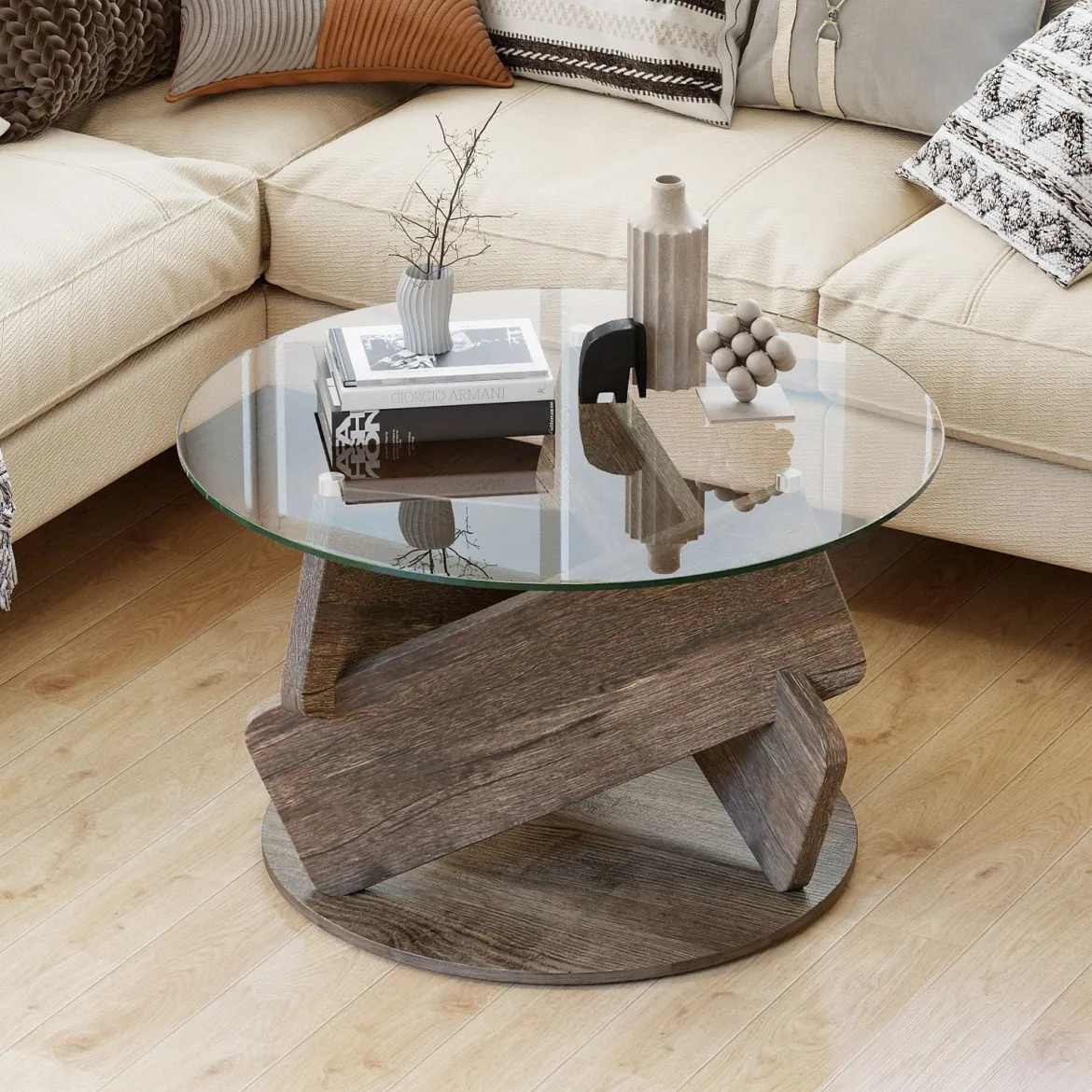 Runder Glastisch mit Gehärtetem Glastop & Massivholzrahmen Moderner Couchtisch φ 81cm
