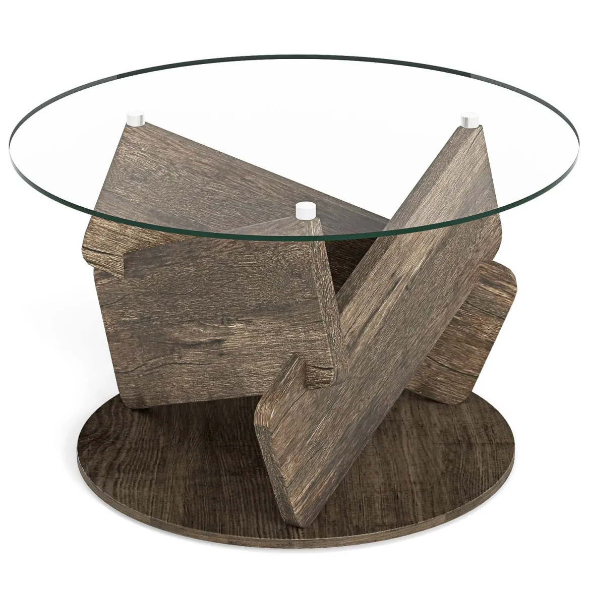 Runder Glastisch mit Gehärtetem Glastop & Massivholzrahmen Moderner Couchtisch φ 81cm
