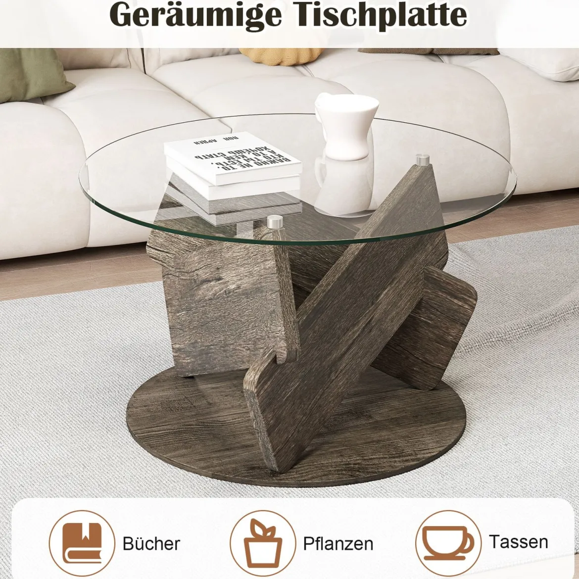 Runder Glastisch mit Gehärtetem Glastop & Massivholzrahmen Moderner Couchtisch φ 81cm