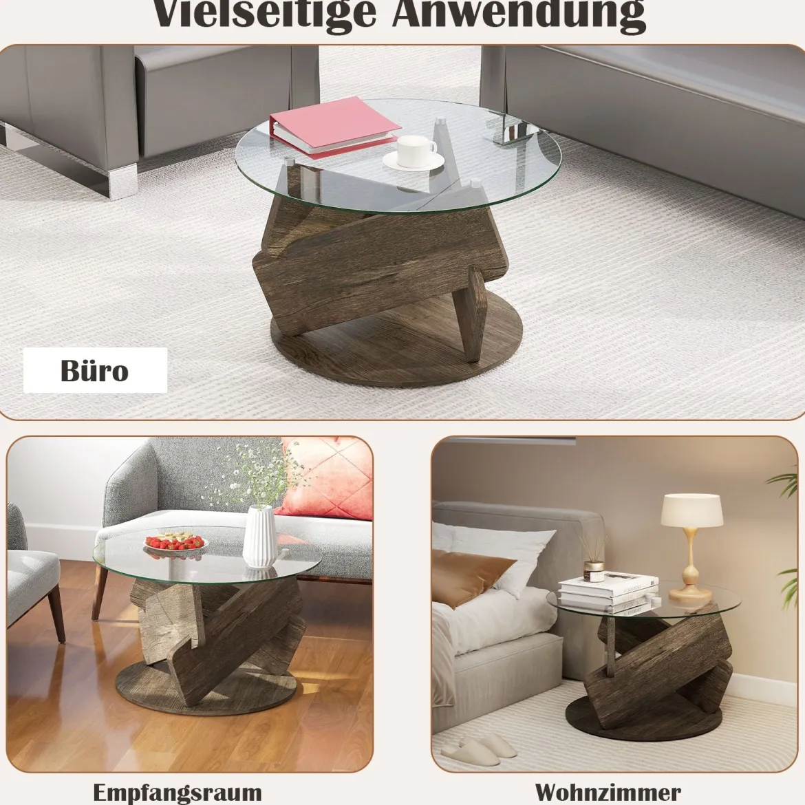 Runder Glastisch mit Gehärtetem Glastop & Massivholzrahmen Moderner Couchtisch φ 81cm