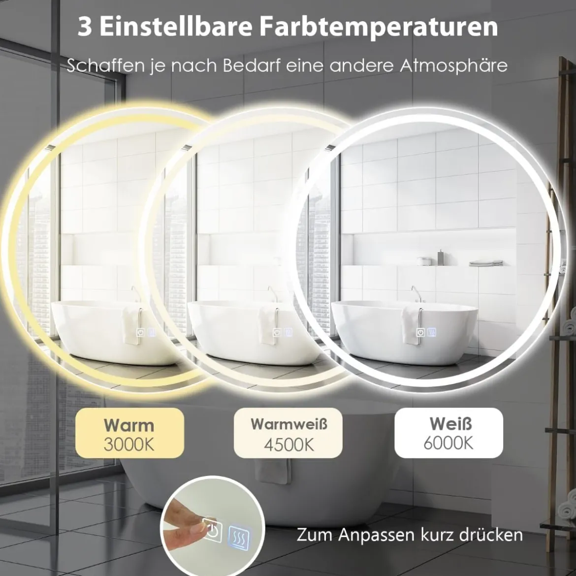 Runder LED-Spiegel Badezimmerspiegel zur Wandmontage 3000 K-6000 K Ø 60 cm