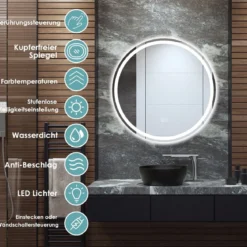 Runder LED-Spiegel Badezimmerspiegel zur Wandmontage 3000 K-6000 K Ø 60 cm