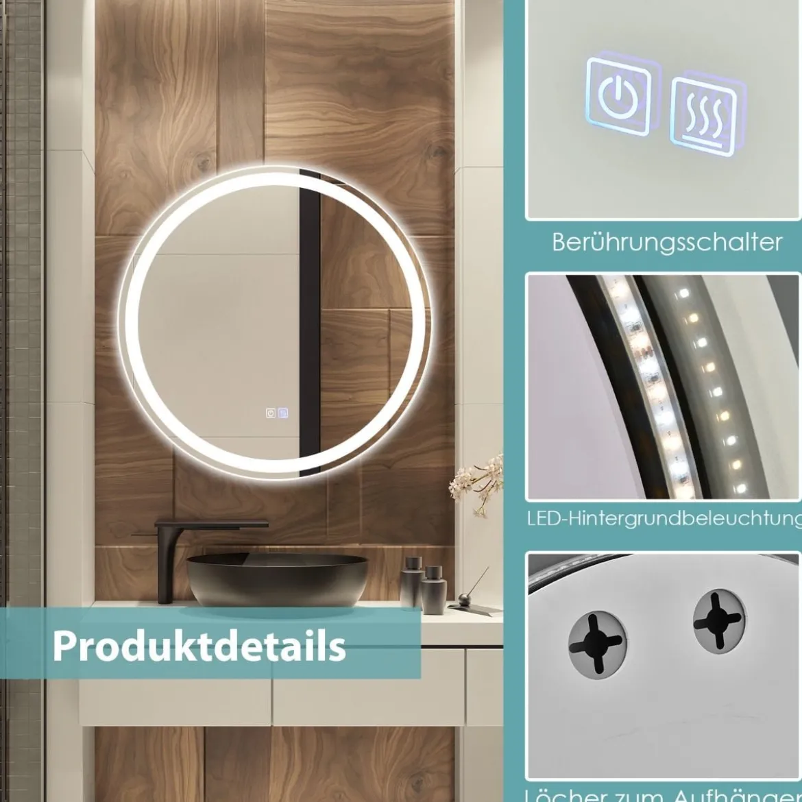 Runder LED-Spiegel Badezimmerspiegel zur Wandmontage 3000 K-6000 K Ø 60 cm