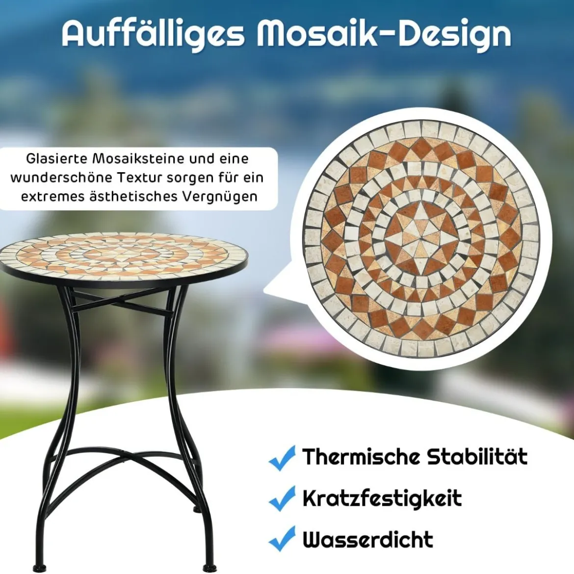Runder Mosaiktisch Retro Mosaik Beistelltisch für Garten 60 x 60x 72 cm Schwarz + Gelb