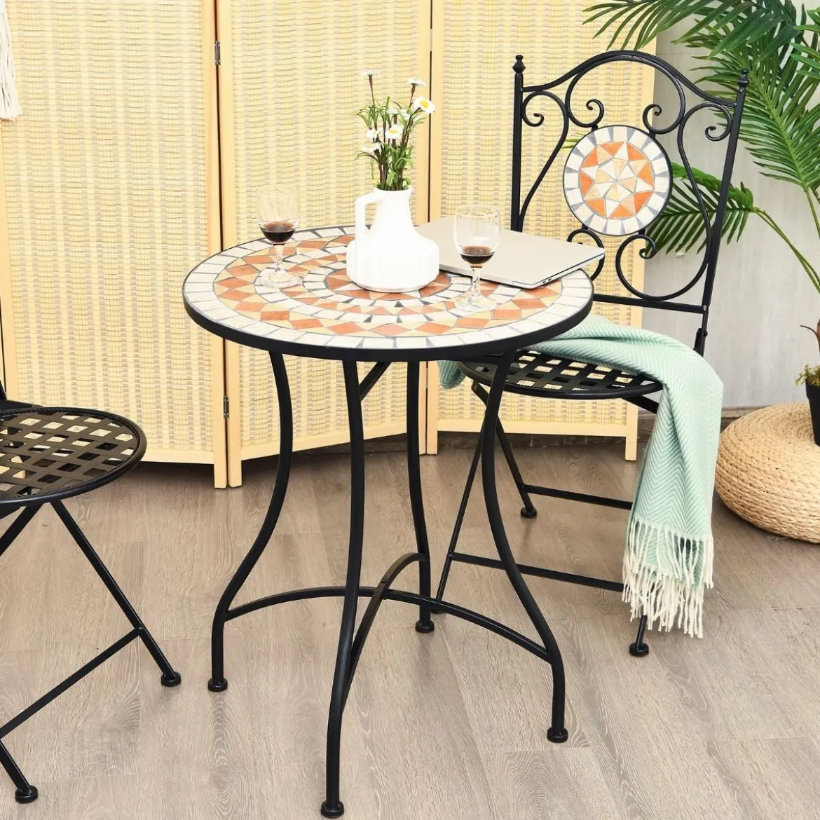 Runder Mosaiktisch Retro Mosaik Beistelltisch für Garten 60 x 60x 72 cm Schwarz + Gelb