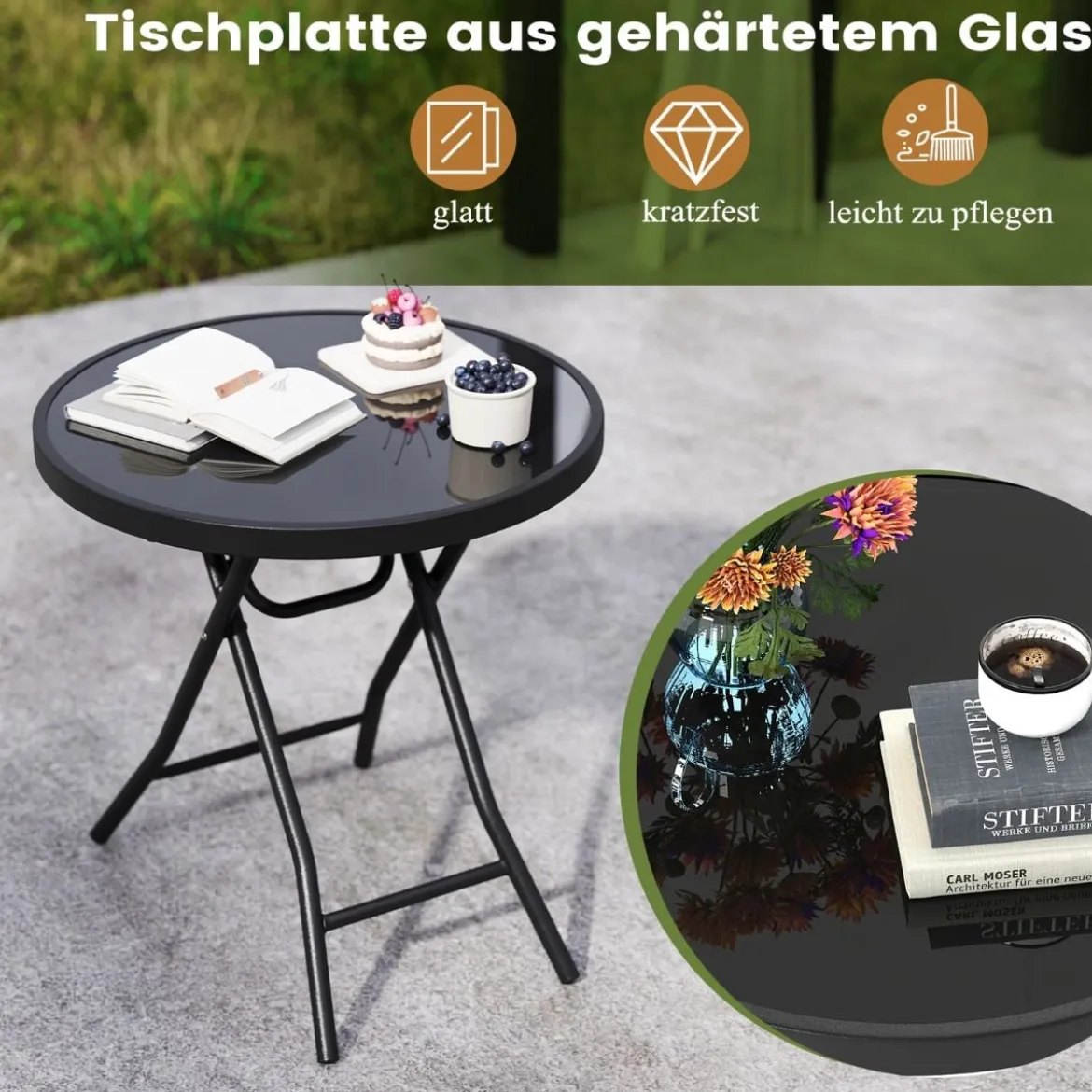 Runder Patio-Couchtisch mit Gehärteter Glasplatte & Metallrahmen Klappbarer Beistelltisch
