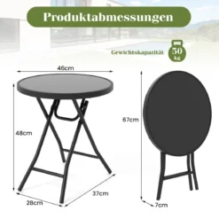 Runder Patio-Couchtisch mit Gehärteter Glasplatte & Metallrahmen Klappbarer Beistelltisch