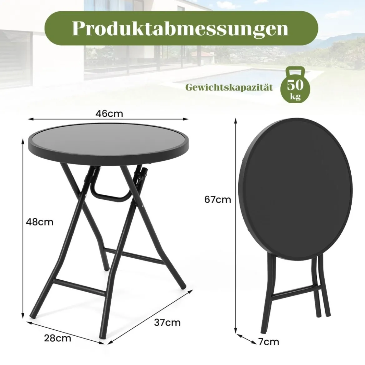 Runder Patio-Couchtisch mit Gehärteter Glasplatte & Metallrahmen Klappbarer Beistelltisch