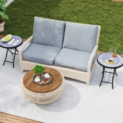 Runder Patio-Couchtisch mit Gehärteter Glasplatte & Metallrahmen Klappbarer Beistelltisch