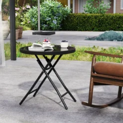 Runder Patio-Couchtisch mit Gehärteter Glasplatte & Metallrahmen Klappbarer Beistelltisch