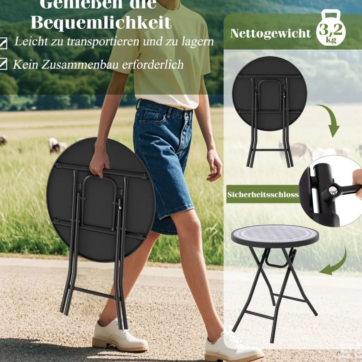 Runder Patio-Couchtisch mit Gehärteter Glasplatte & Metallrahmen Klappbarer Beistelltisch