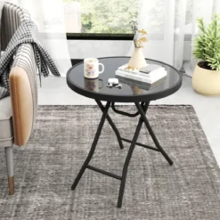 Runder Patio-Couchtisch mit Gehärteter Glasplatte & Metallrahmen Klappbarer Beistelltisch