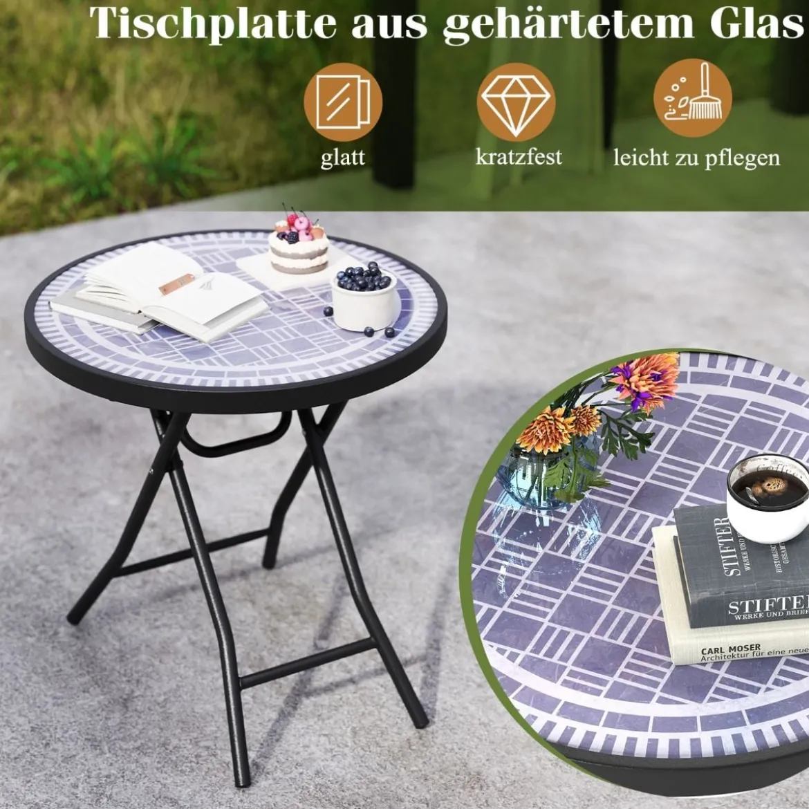 Runder Patio-Couchtisch mit Gehärteter Glasplatte & Metallrahmen Klappbarer Beistelltisch