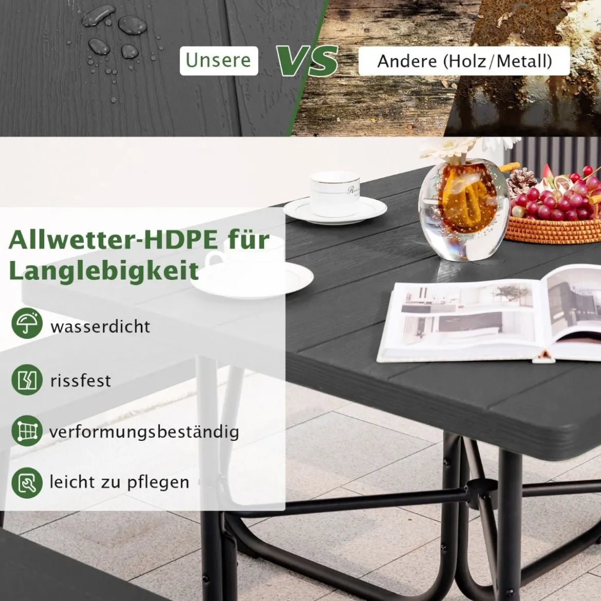 Runder Picknicktisch mit 4 Bänken & Schirmloch für 8 Personen Tragkraft von 900 kg Campingtisch