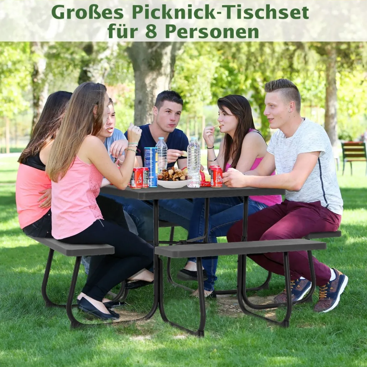 Runder Picknicktisch mit 4 Bänken & Schirmloch für 8 Personen Tragkraft von 900 kg Campingtisch